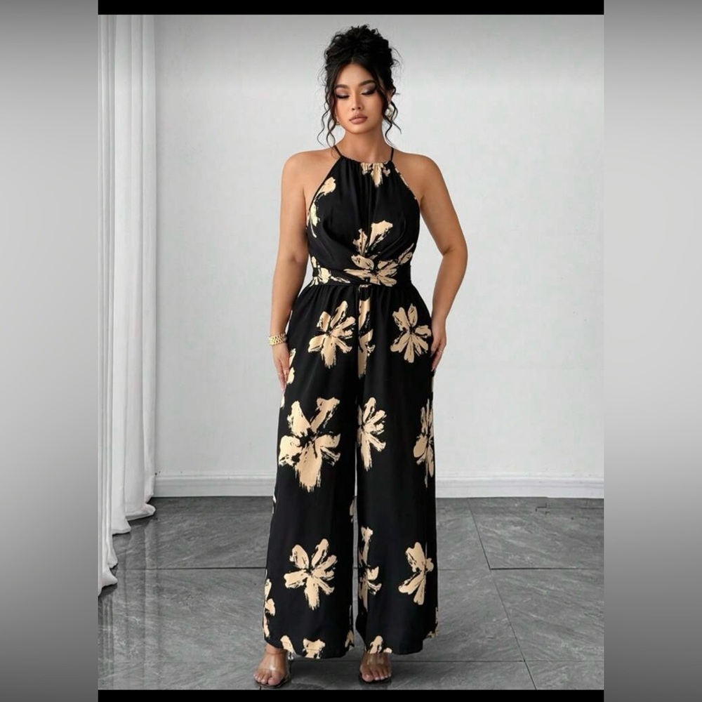 Halter-Neck Wide-Leg Jumpsuit in Black with Cream Floral Print